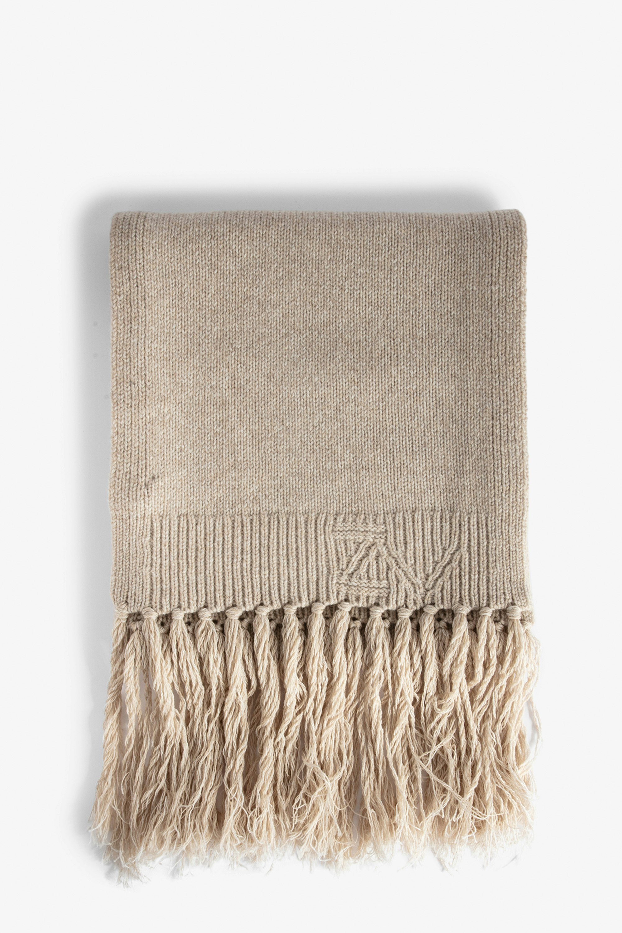 Leila Scarf Women’s long fringed beige wool mix scarf.