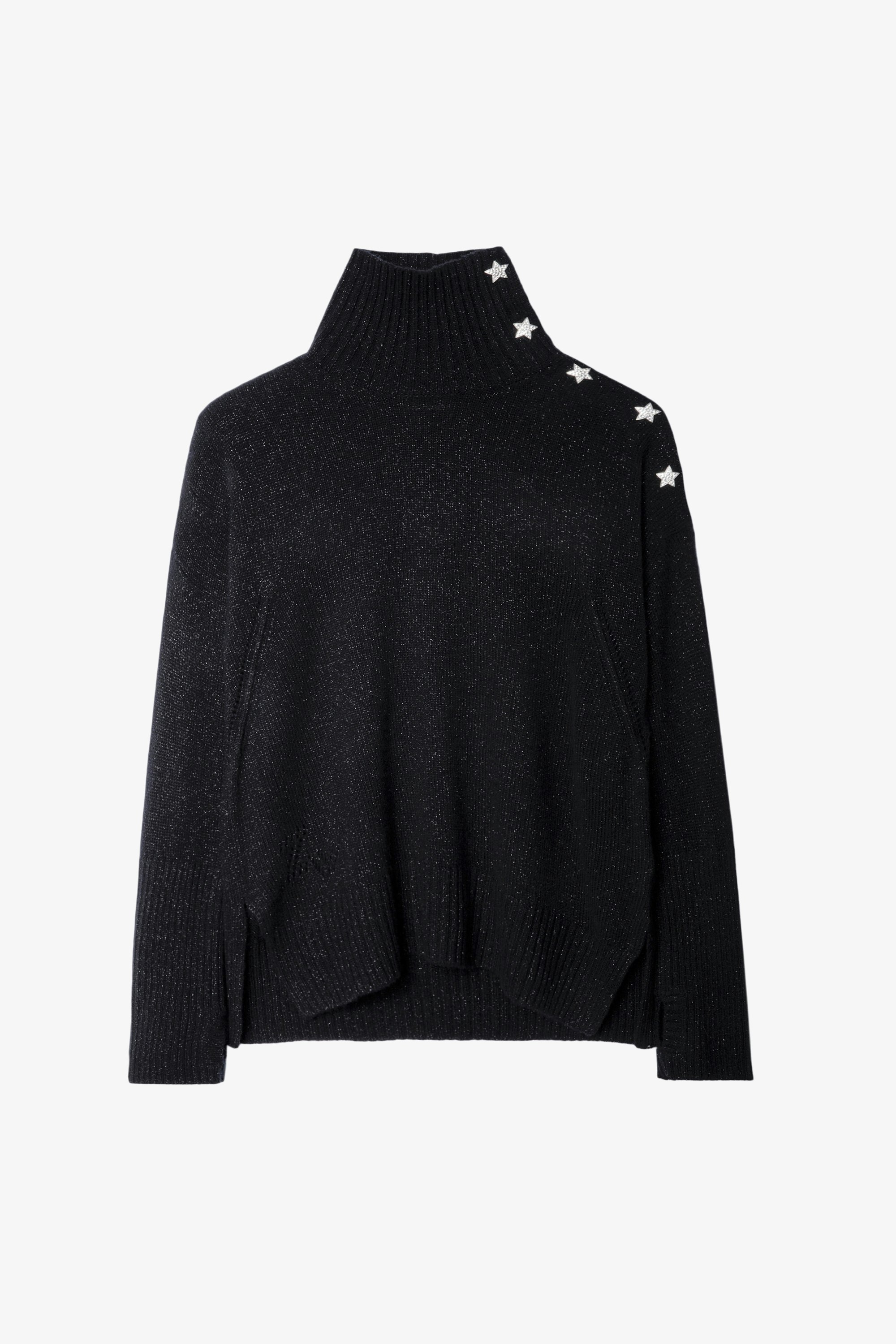 Alma Jeweled Sweater - Women's cashmere turtleneck sweater with star buttons in black.