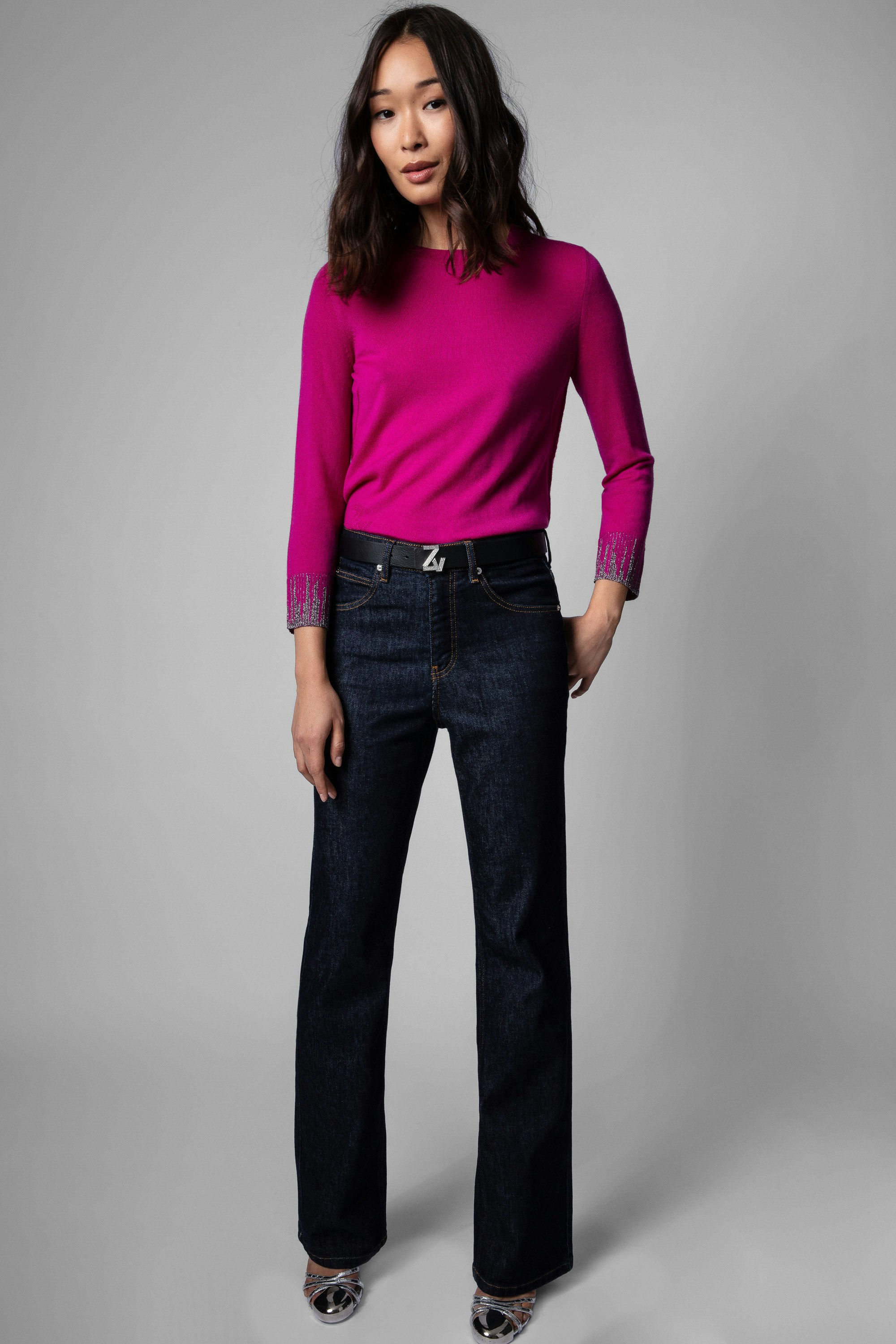 Missy Lurex Sweater - Women's pink merino wool sweater with metallic cuffs.