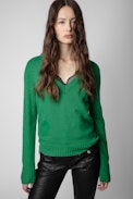Sourca Jumper - Women's V-neck green knit jumper