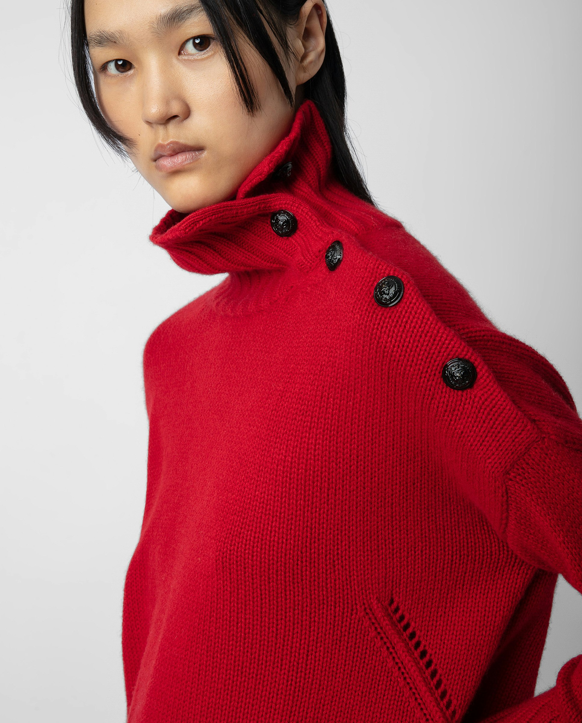 Alma Cashmere Jumper - Women’s red cashmere jumper with mock neckline and buttons on the shoulders