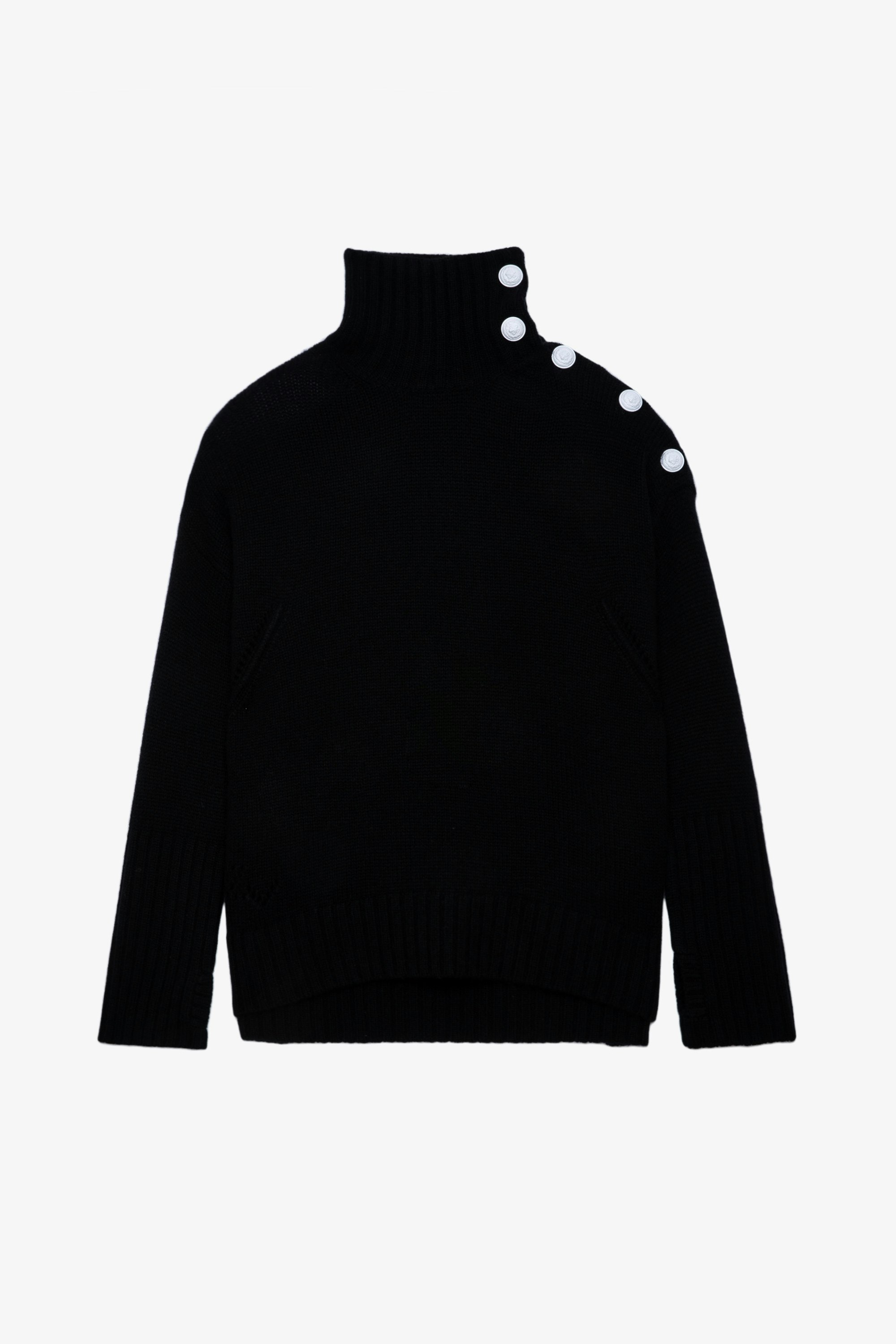 Alma カシミヤニット - Women’s black cashmere turtleneck jumper with button detailing