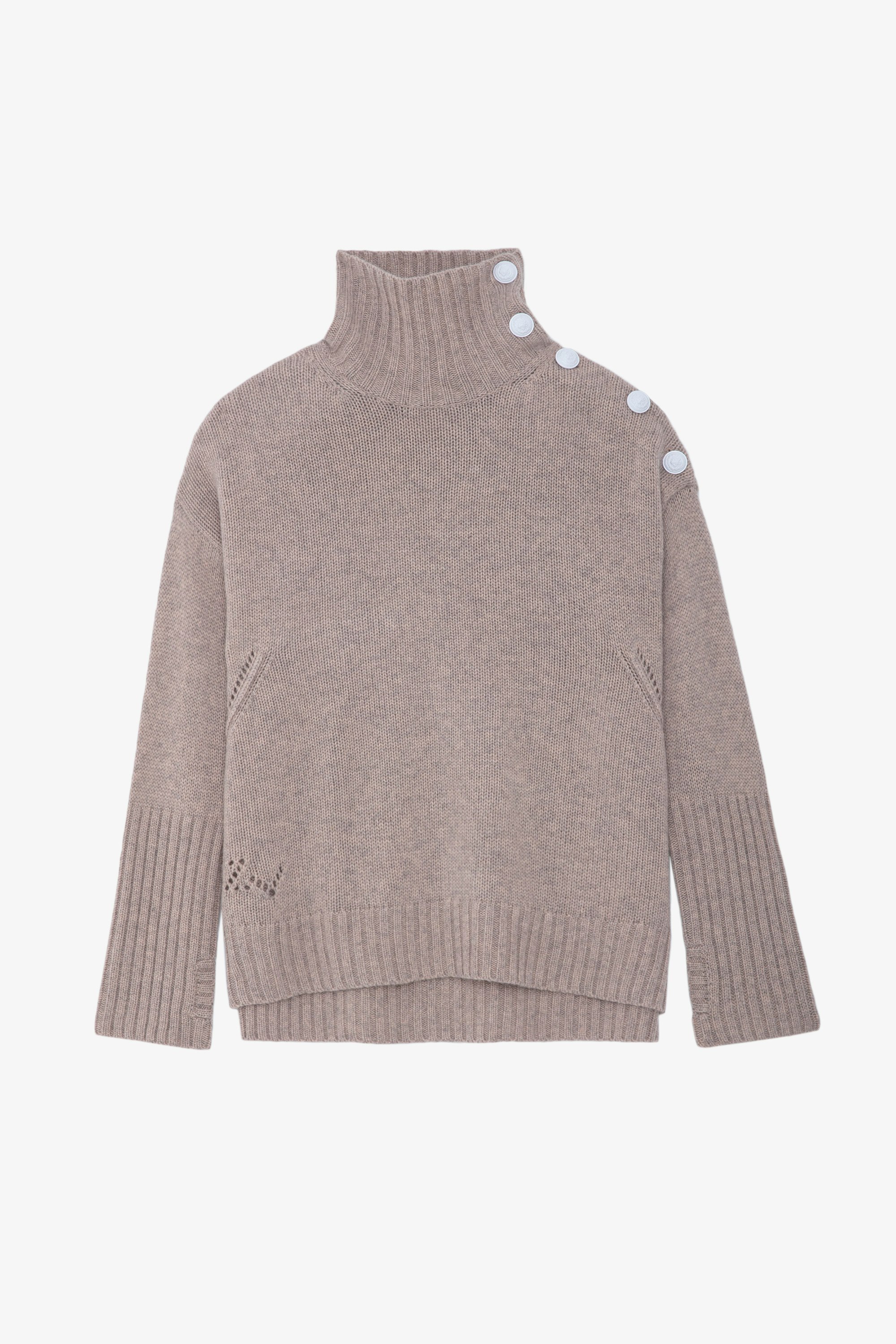 Alma Cashmere Sweater - Pale pink cashmere mock-neck sweater with long sleeves and buttons on the shoulder.