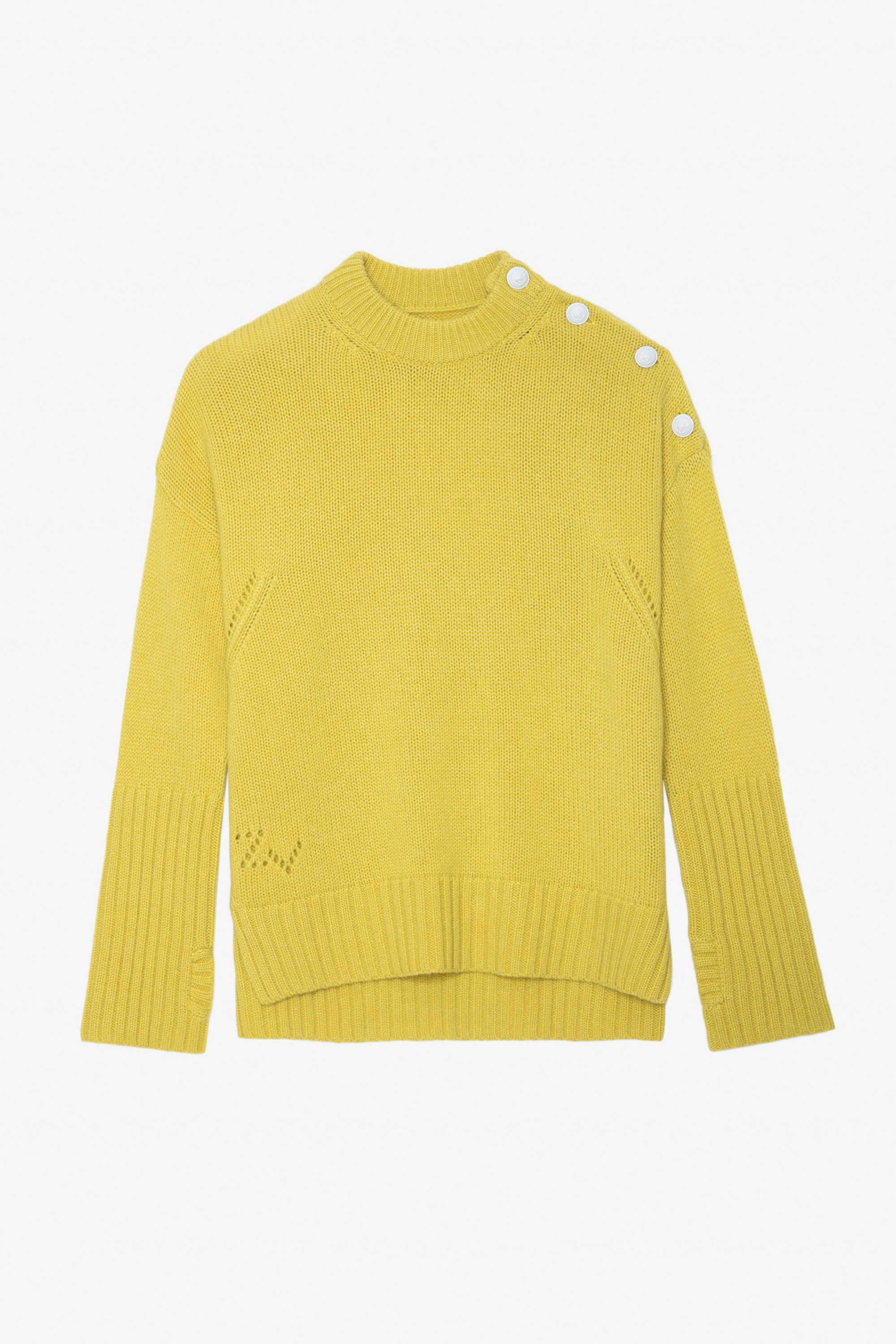 Malta カシミヤニット - Women’s yellow cashmere jumper with buttons on the shoulders.