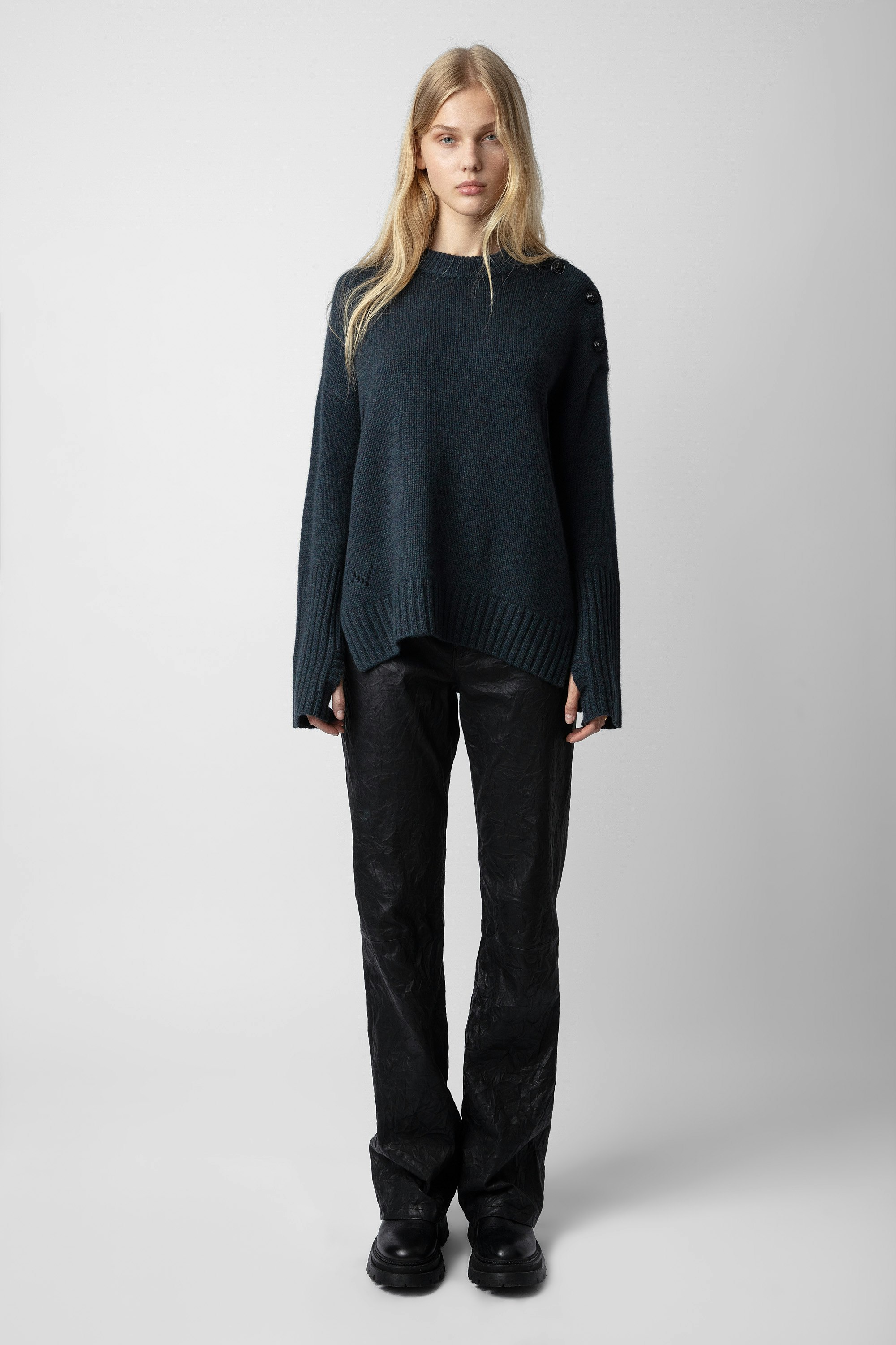 Malta Cashmere Jumper - Women’s lovat green cashmere jumper with buttons on the shoulders