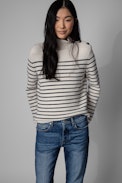 Pull Sailor - Pull noir et blanc en maille côtelée strippede  à boutons contrastés Femme
