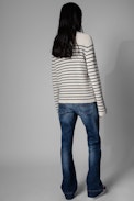 Pull Sailor - Pull noir et blanc en maille côtelée strippede  à boutons contrastés Femme