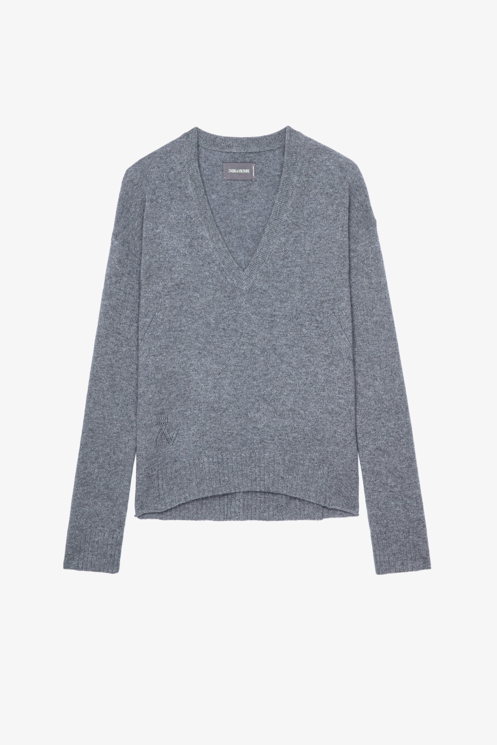 Vivi Patch Cashmere Jumper Grey cashmere jumper with star patches on the elbows