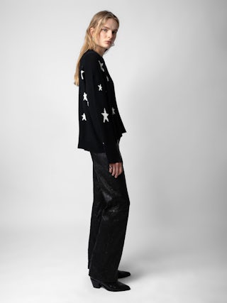 Markus Stars Cashmere Sweater - Wrap yourself in celestial luxury with the Markus sweater with stars, crafted from ultra-soft 100% cashmere. Designed in classic black, this cozy yet stylish piece features delicate star motifs for a subtle statement. A ribbed collar, cuffs, and waist enhance its refined fit, while the signature pointelle ZV detail adds a touch of brand heritage. Elevate your knitwear collection with this effortlessly chic sweater with stars.