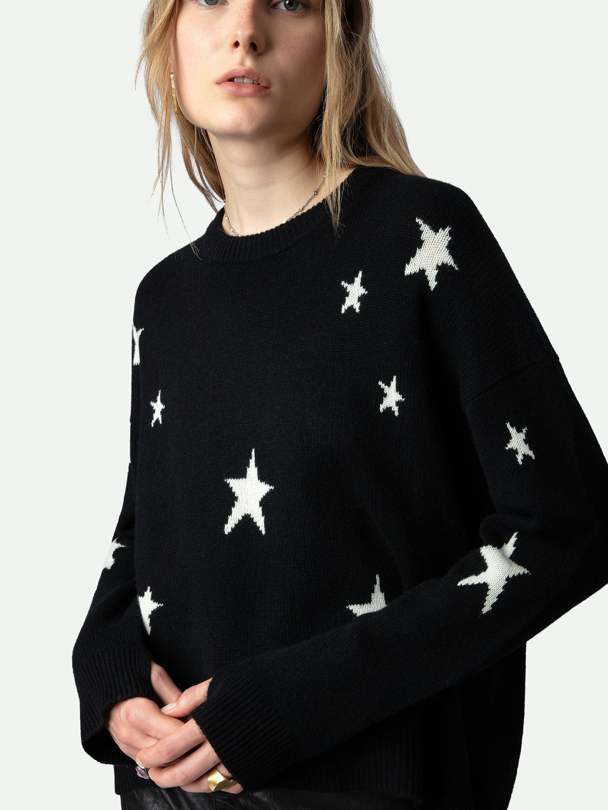 Markus Stars Cashmere Sweater - Wrap yourself in celestial luxury with the Markus sweater with stars, crafted from ultra-soft 100% cashmere. Designed in classic black, this cozy yet stylish piece features delicate star motifs for a subtle statement. A ribbed collar, cuffs, and waist enhance its refined fit, while the signature pointelle ZV detail adds a touch of brand heritage. Elevate your knitwear collection with this effortlessly chic sweater with stars.