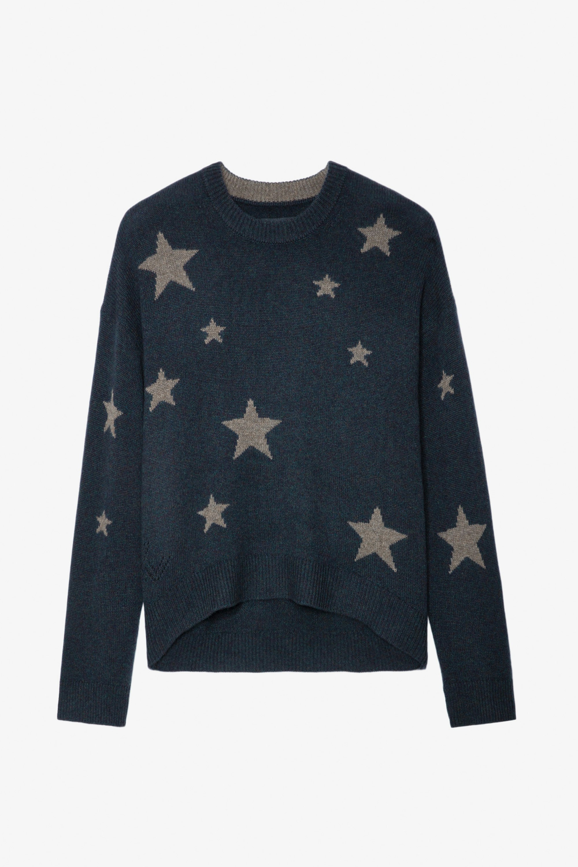 Markus Cashmere Sweater  - Women’s dark green cashmere sweater with star-shaped motifs.