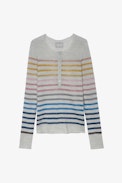 Pull Hila - Pull gris clair en maille métallisée  à rayures multicolores Femme