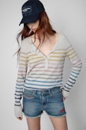 Pull Hila - Pull gris clair en maille métallisée  à rayures multicolores Femme