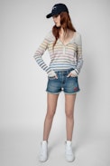 Pull Hila - Pull gris clair en maille métallisée  à rayures multicolores Femme