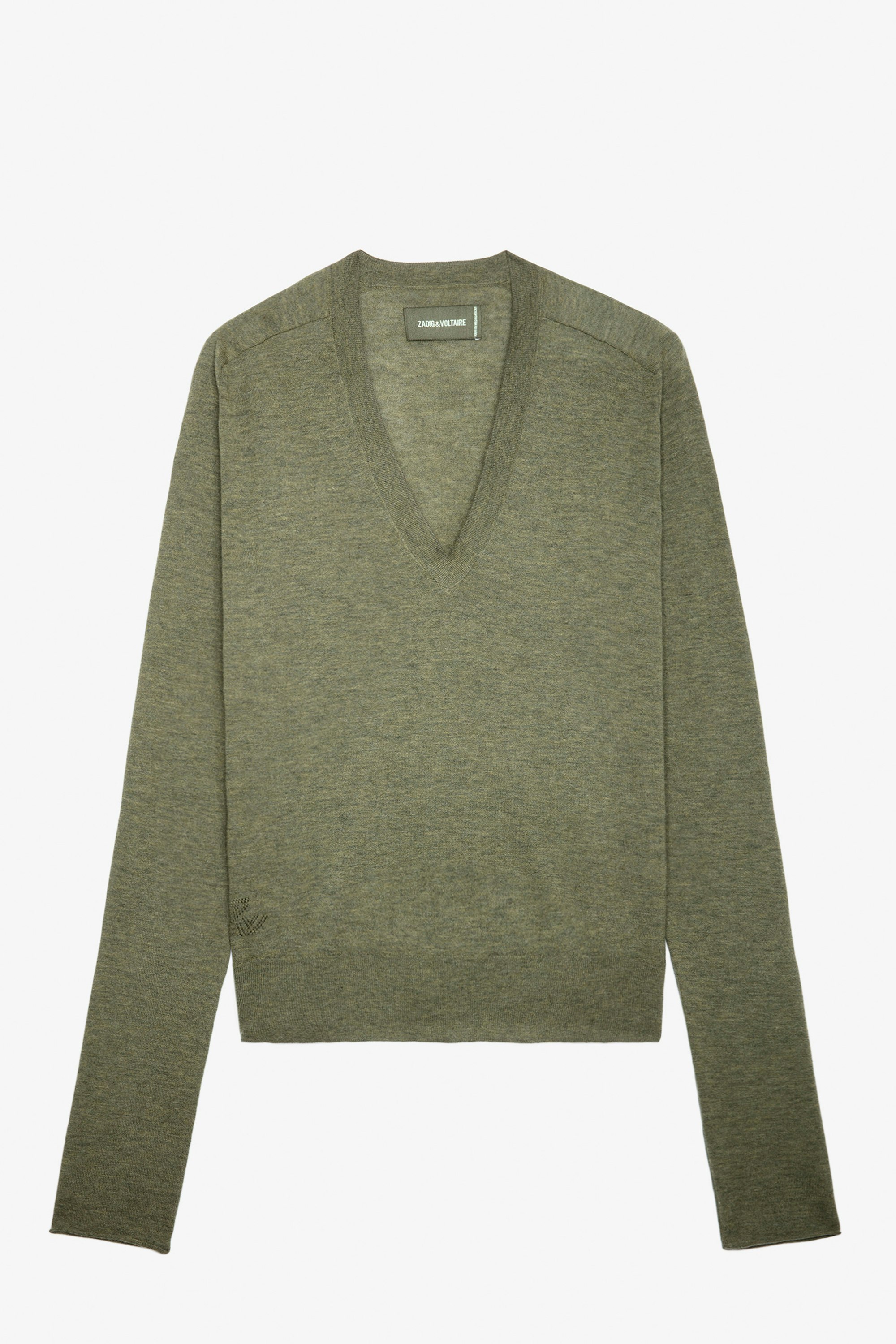 River Cashmere Jumper - Women's khaki feather cashmere jumper with V neckline and long sleeves.