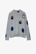 Markus Cashmere Jumper - Women’s grey marl cashmere jumper with Zadig happy faces