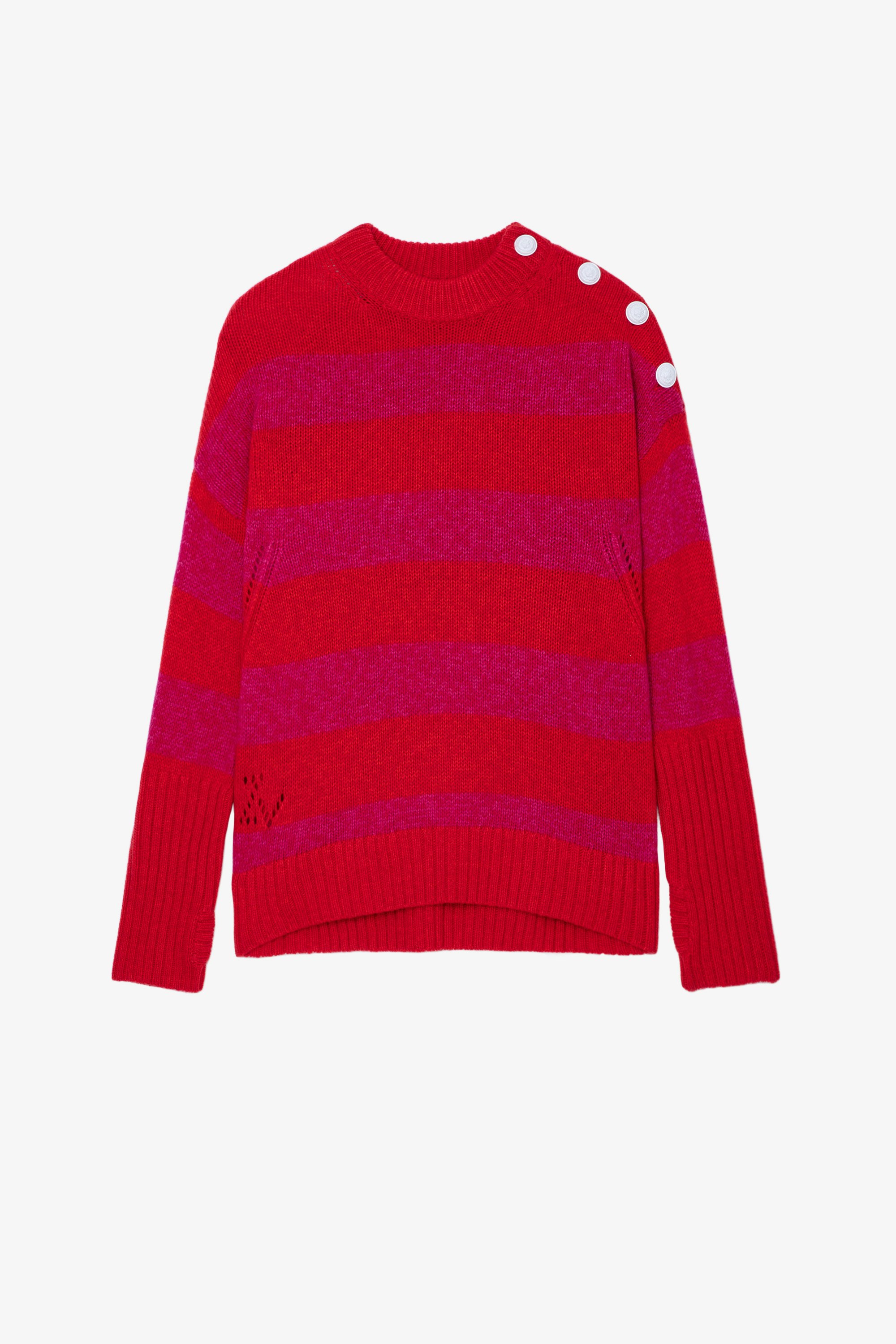 Malta Cashmere Jumper Women’s cashmere jumper with buttons and pink and orange stripes