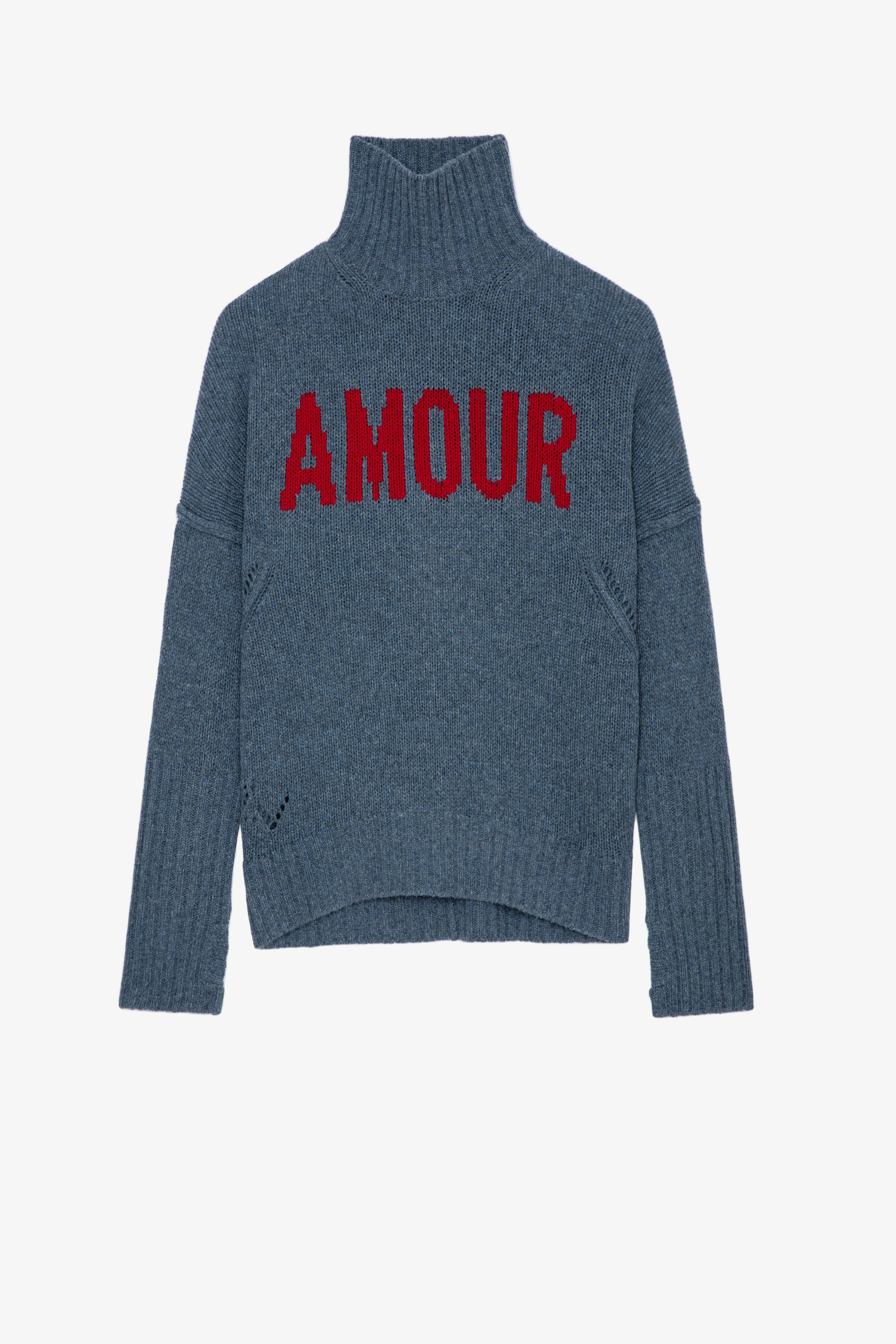 Alma We Amour Jumper Women’s blue knit turtleneck jumper with contrasting “Amour” slogan 