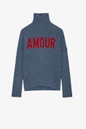 Alma Amour Jumper - Women’s blue knit turtleneck jumper with contrasting “Amour” slogan