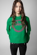 Pullover Lanna - Grüner Damenpullover aus Merinowolle mit rosafarbenen „Happy Face“-Maximotiv