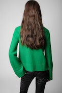 Pullover Lanna - Grüner Damenpullover aus Merinowolle mit rosafarbenen „Happy Face“-Maximotiv