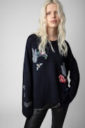 Markus Cashmere Jumper - Women’s navy blue cashmere jumper with “Good Vibes” and “Amour” slogans