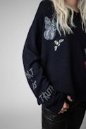 Markus Cashmere Jumper - Women’s navy blue cashmere jumper with “Good Vibes” and “Amour” slogans
