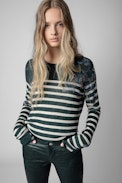Source Cashmere Jumper - Women's green cashmere jumper with contrasting stripes and crystal-embellished motif