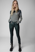 Source Cashmere Jumper - Women's green cashmere jumper with contrasting stripes and crystal-embellished motif