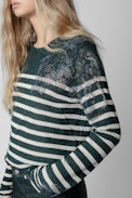 Source Cashmere Jumper - Women's green cashmere jumper with contrasting stripes and crystal-embellished motif