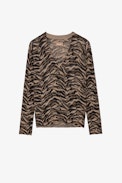 Pull Brumy Tiger Cachemire - Pull en cachemire beige à motif tigre femme