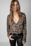Pull Brumy Tiger Cachemire - Pull en cachemire beige à motif tigre femme