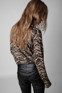 Pull Brumy Tiger Cachemire - Pull en cachemire beige à motif tigre femme