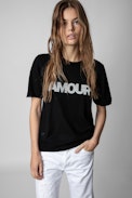 Ida Cashmere Jumper - Women’s black cashmere short-sleeved jumper with “Amour” slogan