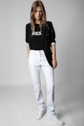 Ida Cashmere Jumper - Women’s black cashmere short-sleeved jumper with “Amour” slogan