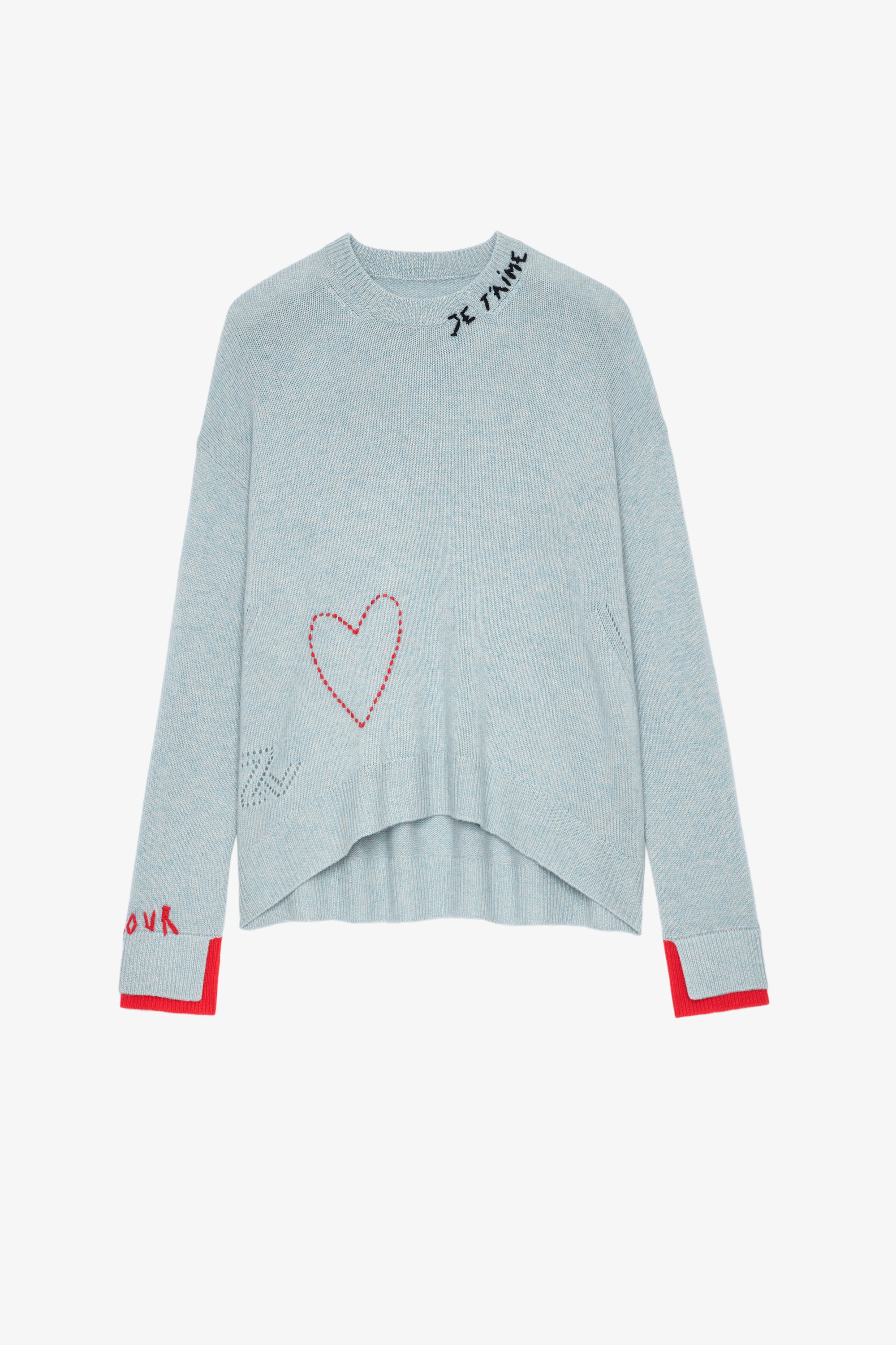 Markus Cashmere Jumper Women’s sky blue cashmere jumper with hearts and “Amour” and “Je t’aime” slogan embroidery