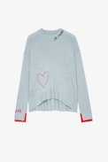 Markus Cashmere Jumper - Women’s sky blue cashmere jumper with hearts and “Amour” and “Je t’aime” slogan embroidery