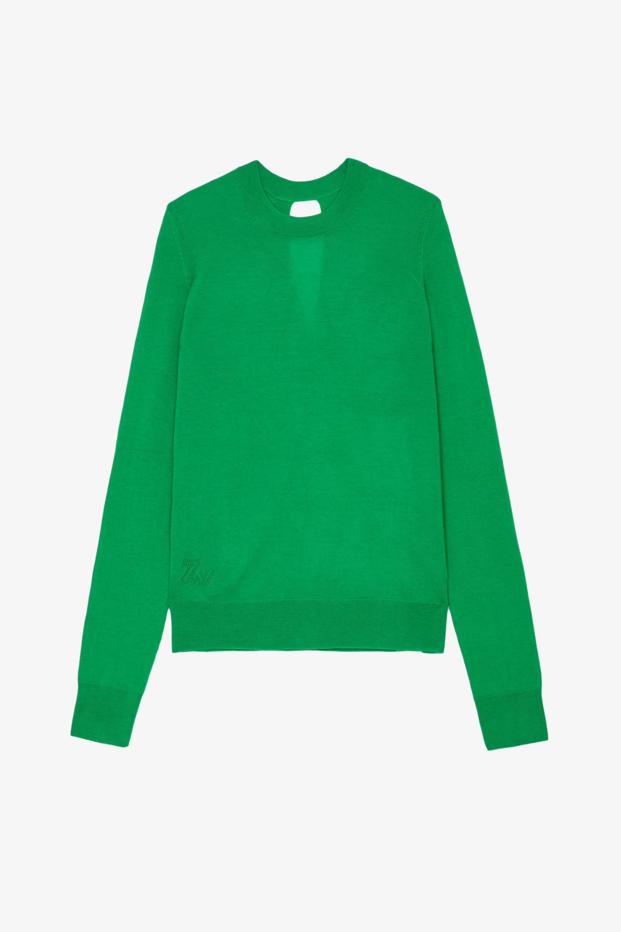 Pullover Emma Merinowolle Grüner Damen-Pullover aus Merinowolle mit Rundhalsausschnitt und langen Ärmeln mit einem Schlitz hinten