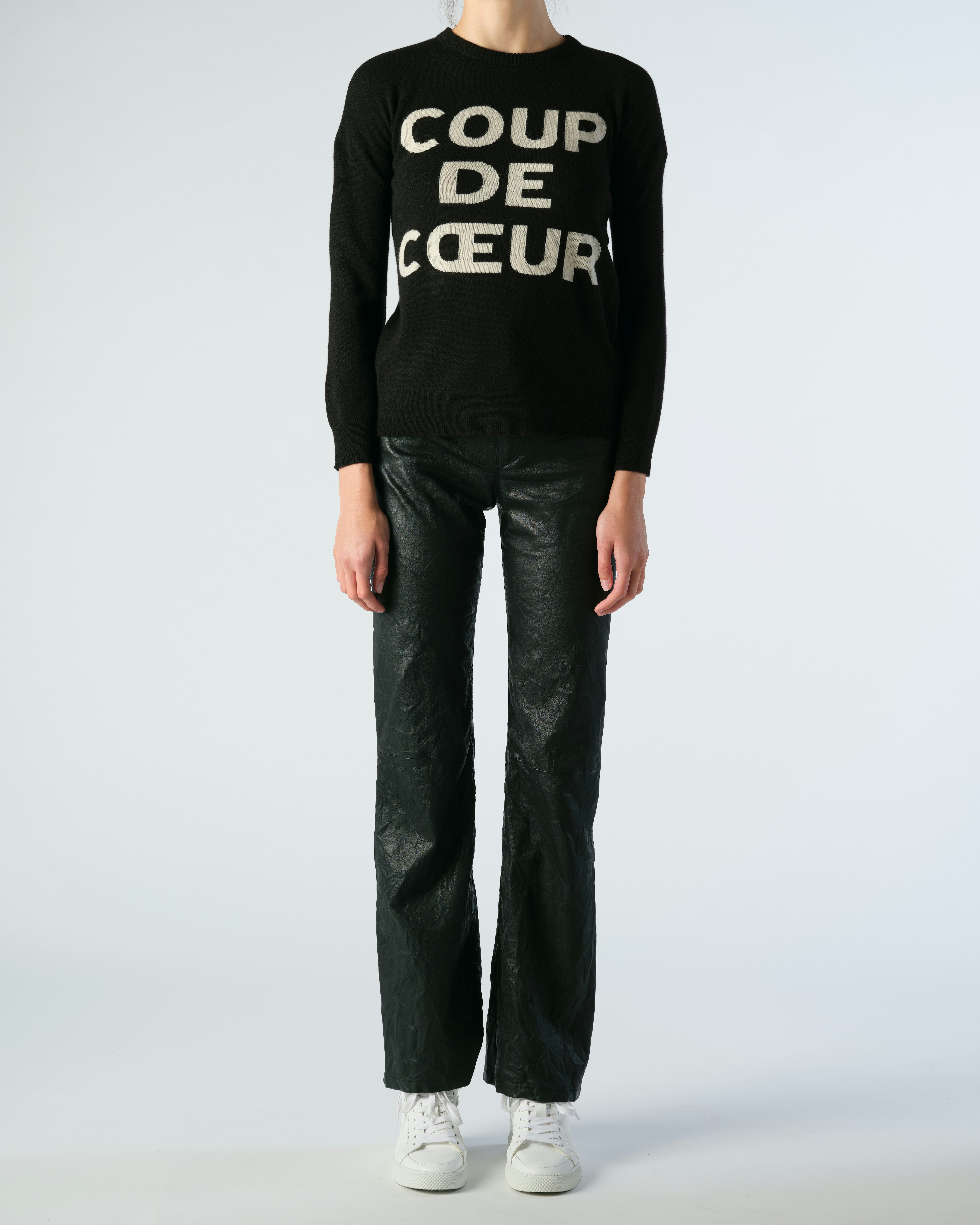 Gaby Coup De Cœur Sweater - Women's black wool and cashmere sweater with "COUP DE CŒUR" intarsia on front.