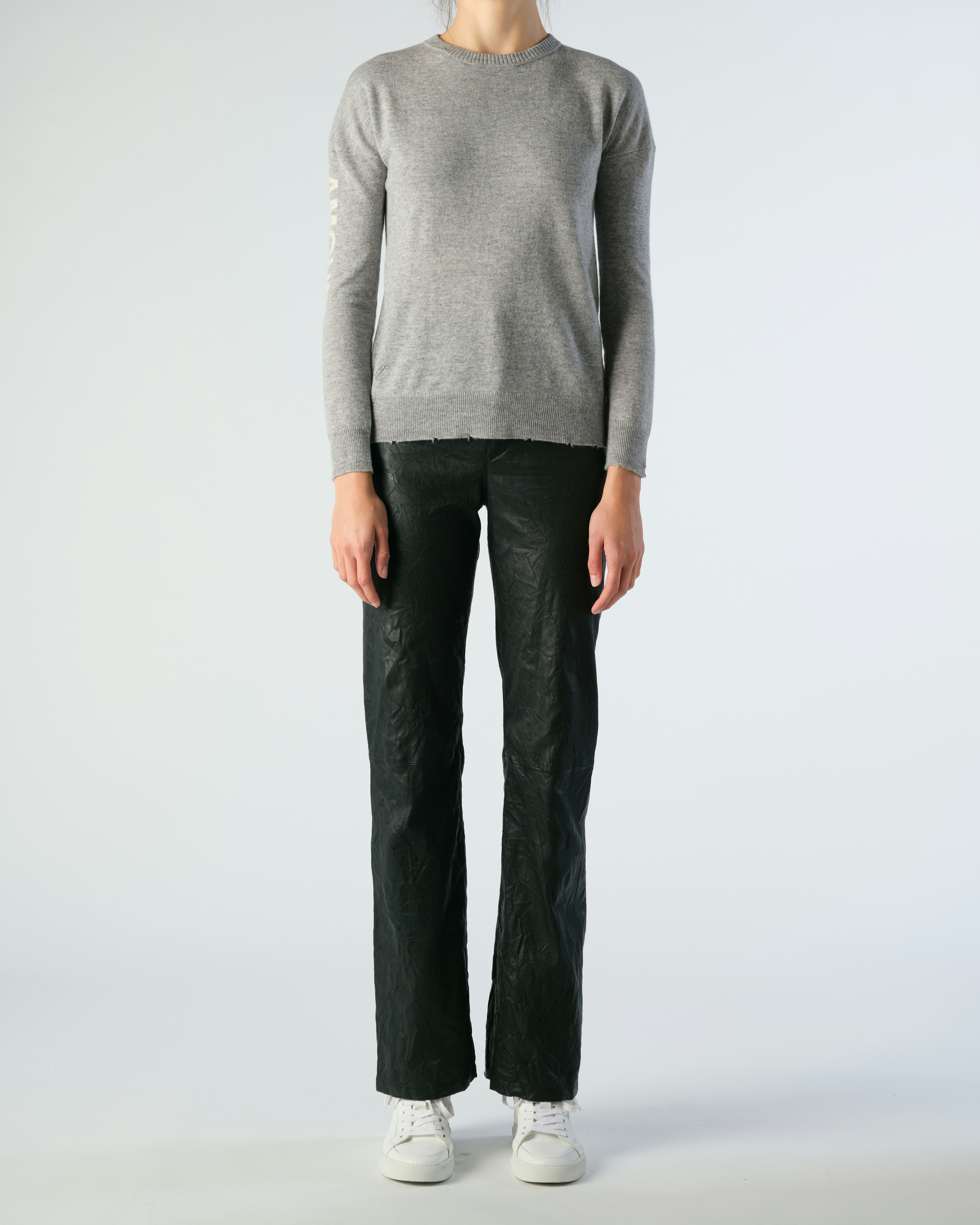 Gaby Amour Sweater - Women's grey wool and cashmere sweater with "AMOUR" intarsia on sleeve.