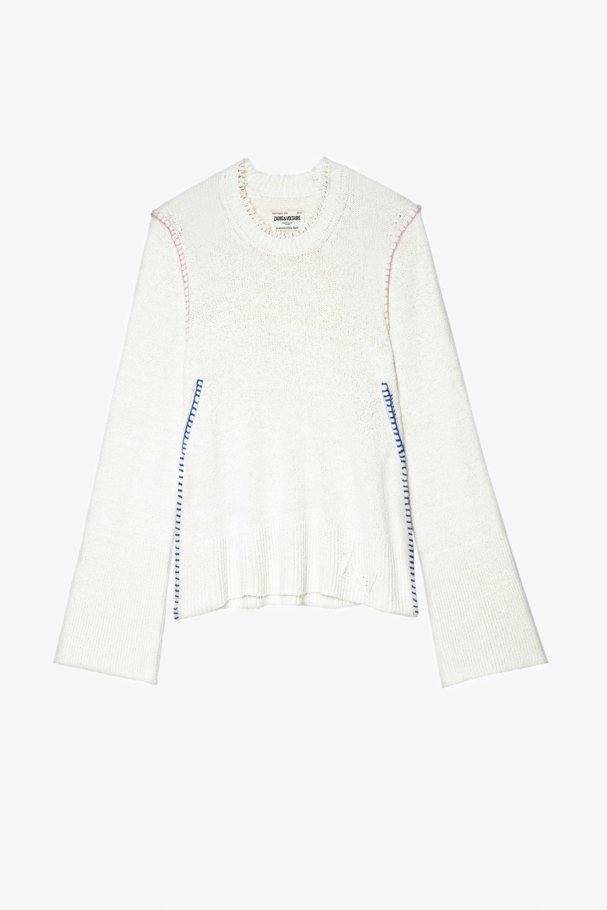 Louna Pullover Women's off-white silk pullover with fringed edges, topstitching and long oversized sleeves