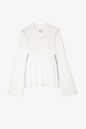 Louna Jumper - Women's off-white silk pullover with fringed edges, topstitching and long oversized sleeves