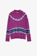 Malta Cashmere Jumper - Women’s jumper in mauve tie-dye cashmere with embroidered “Bonheur” slogan