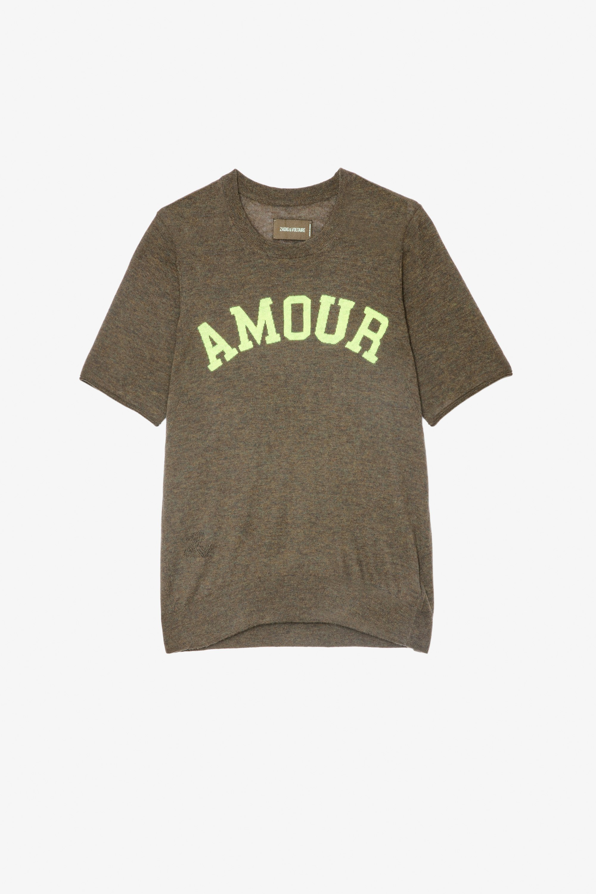 Ida カシミヤスウェット Women’s khaki cashmere sweater with “Amour” slogan