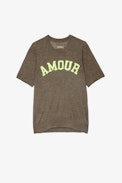 Maddy Jumper 100% Cashmere - Women’s khaki cashmere sweater with “Amour” slogan