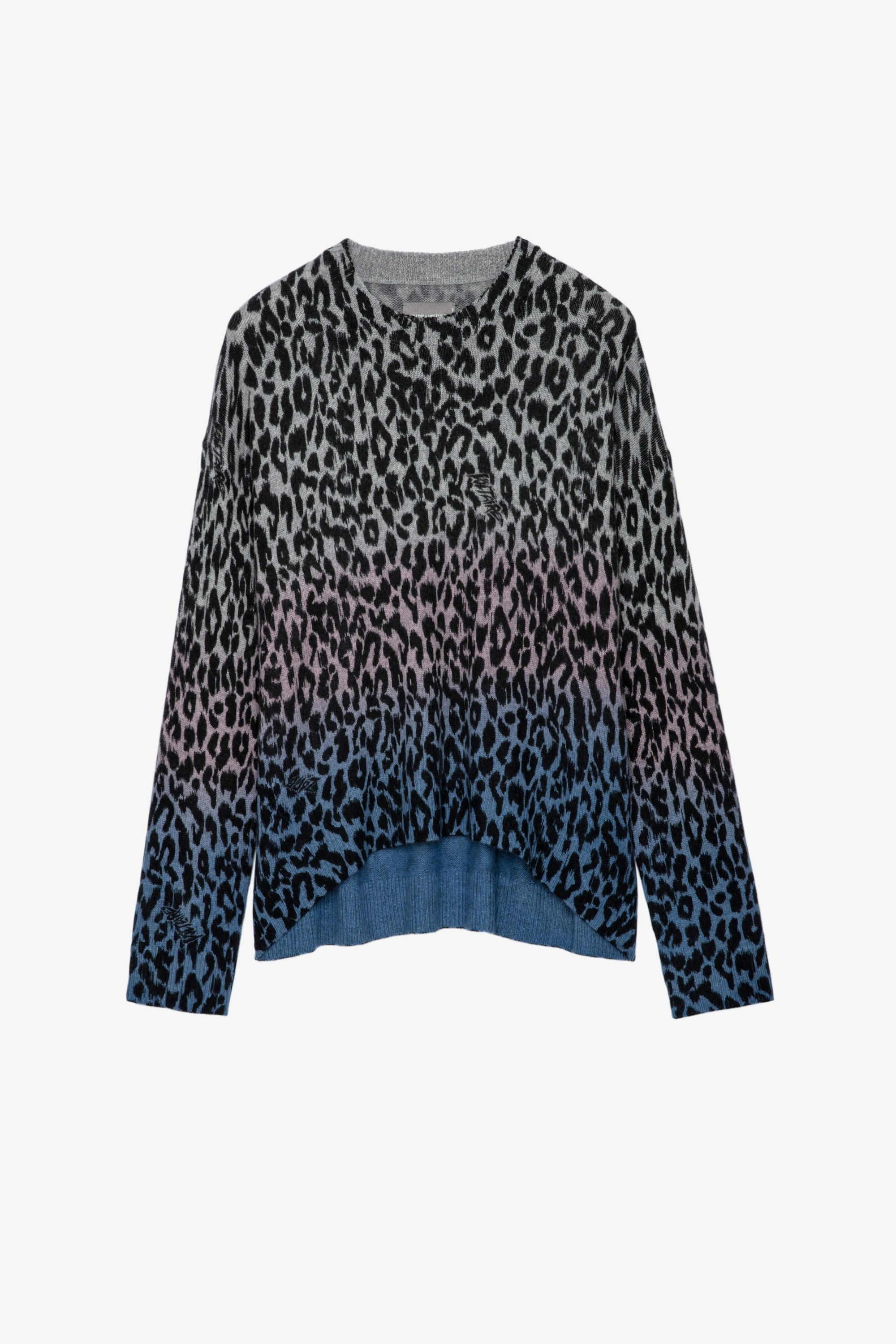 Markus Leo Cashmere Jumper Women’s grey marl cashmere jumper with Voltaire leopard-print motif