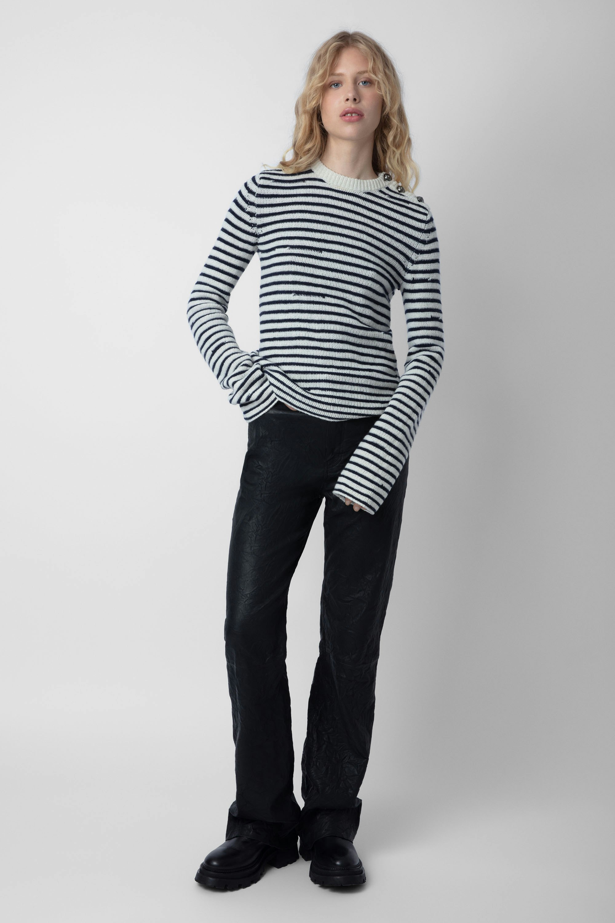 Jade Sweater - Women's striped ecru wool and cashmere sweater with buttons.