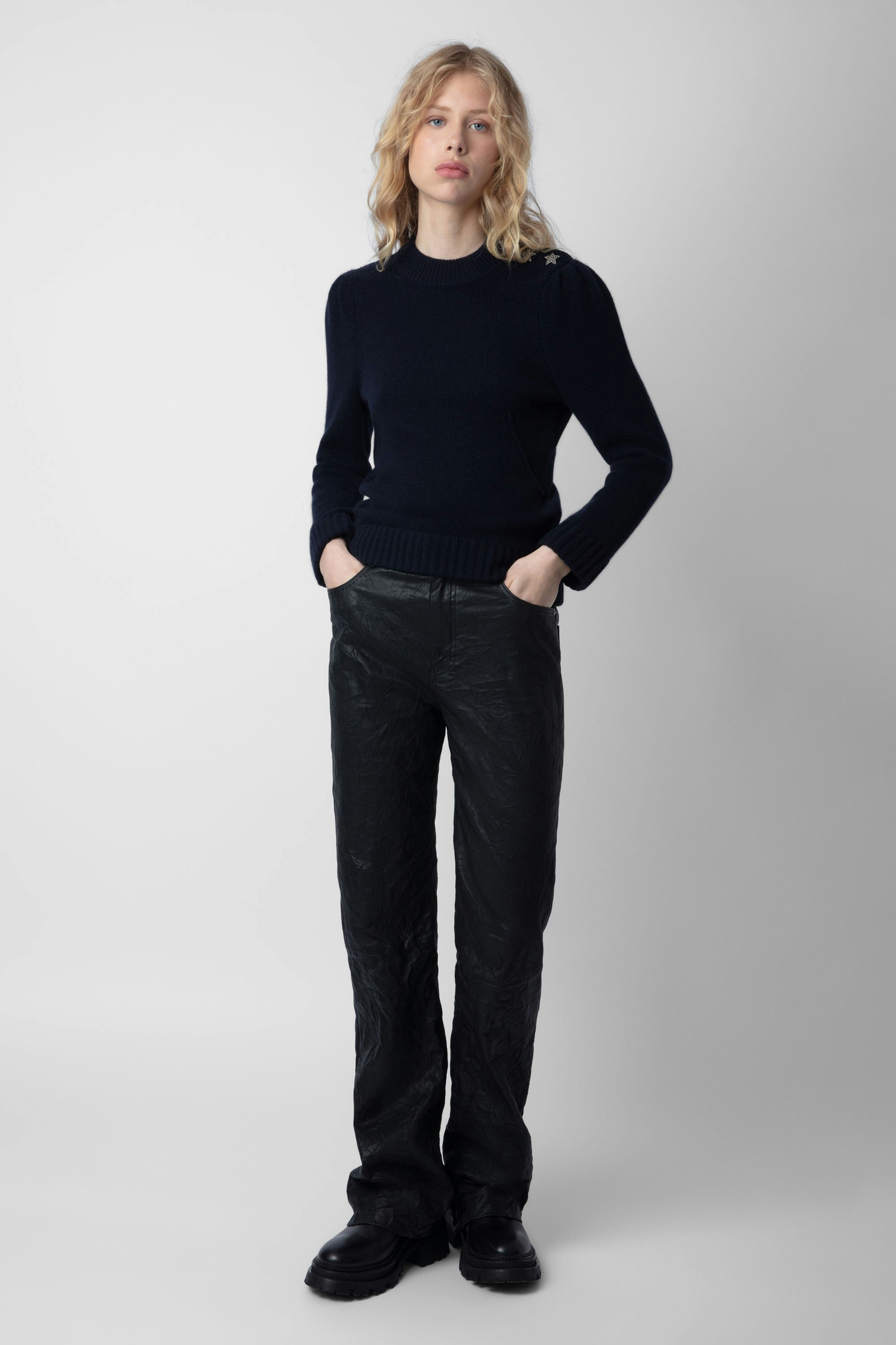 Betson Jewelled Cashmere Jumper - Women's navy blue cashmere sweater with star-shaped jewelled buttons on the shoulders.