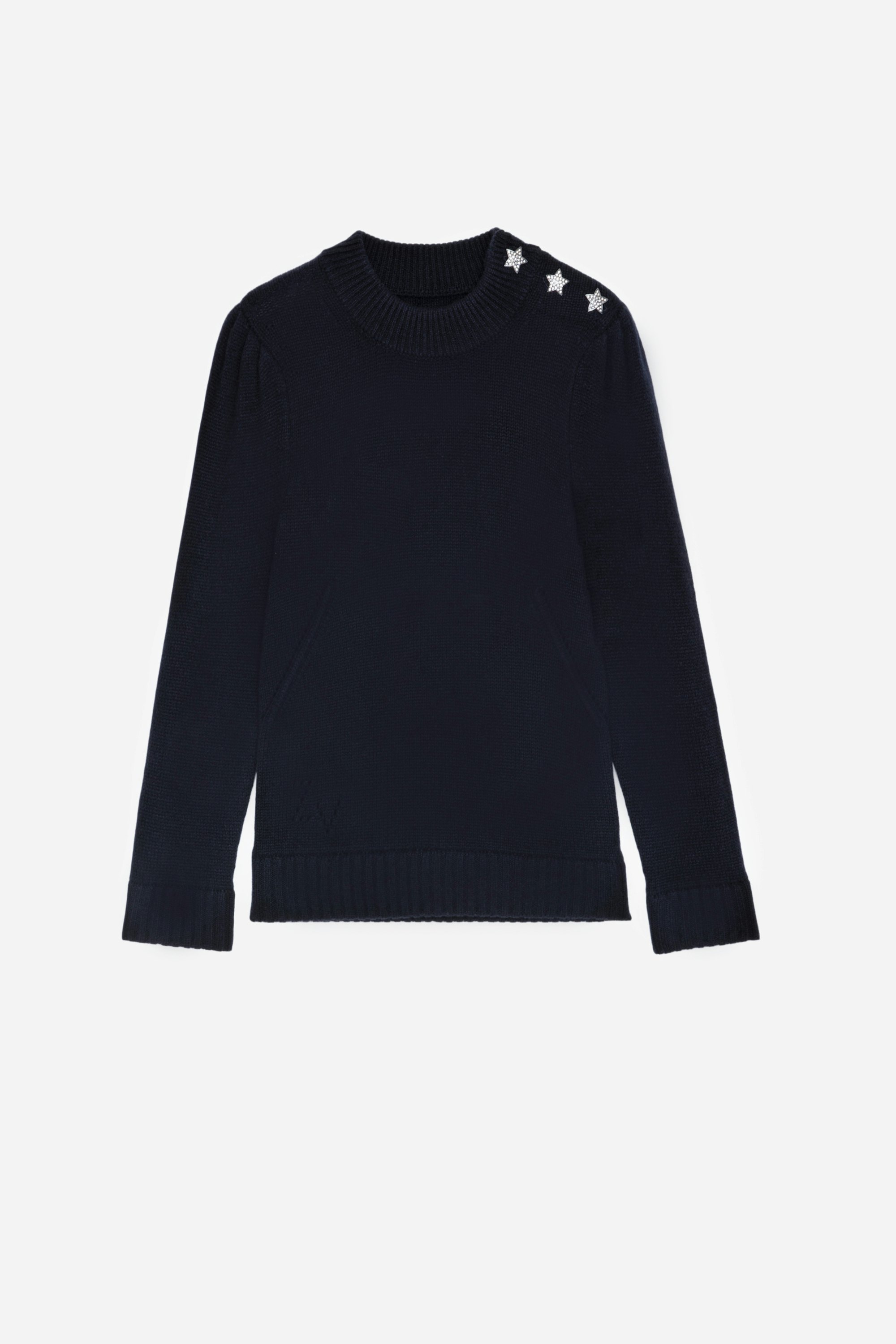 Betson Jewelled Cashmere Jumper Women's navy blue cashmere sweater with star-shaped jewelled buttons on the shoulders.