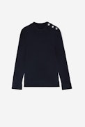 Betson Jewelled Cashmere Jumper - Women's navy blue cashmere sweater with star-shaped jewelled buttons on the shoulders.
